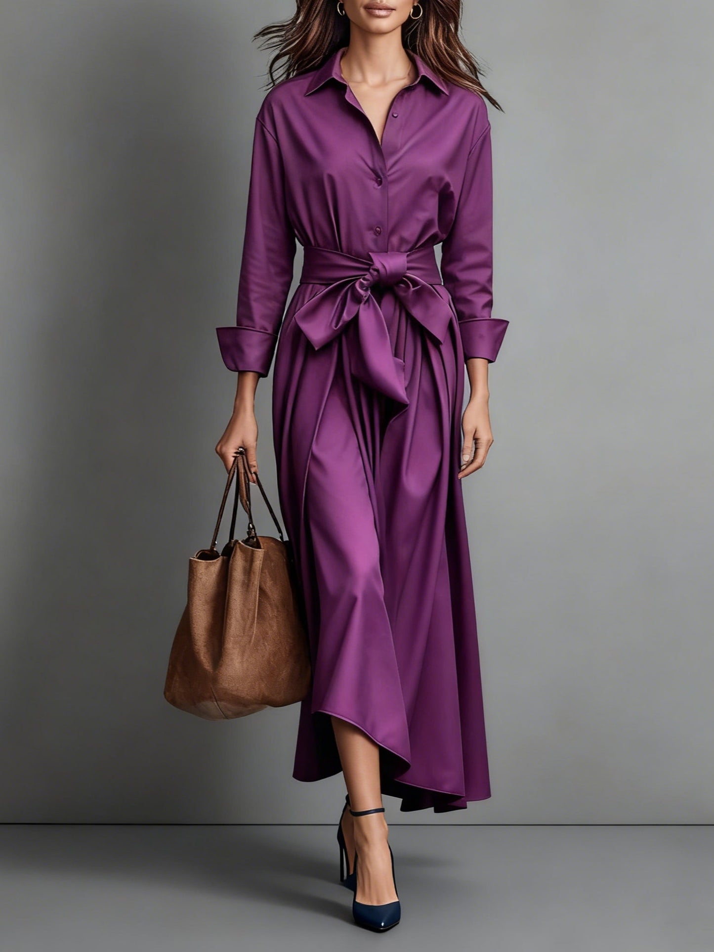 Robe Femme Maxi Style Chemise – Coupe A-Line et Ceinture à Nouer