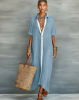 Robe Chemise Longue Femme Lin – Coupe Ample Boutonnée Manches Trois-Quarts