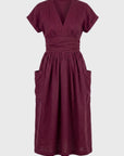 Robe Midi Femme Col V – Taille Plissée Coupe Décontractée