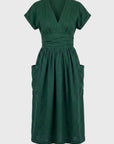 Robe Midi Femme Col V – Taille Plissée Coupe Décontractée