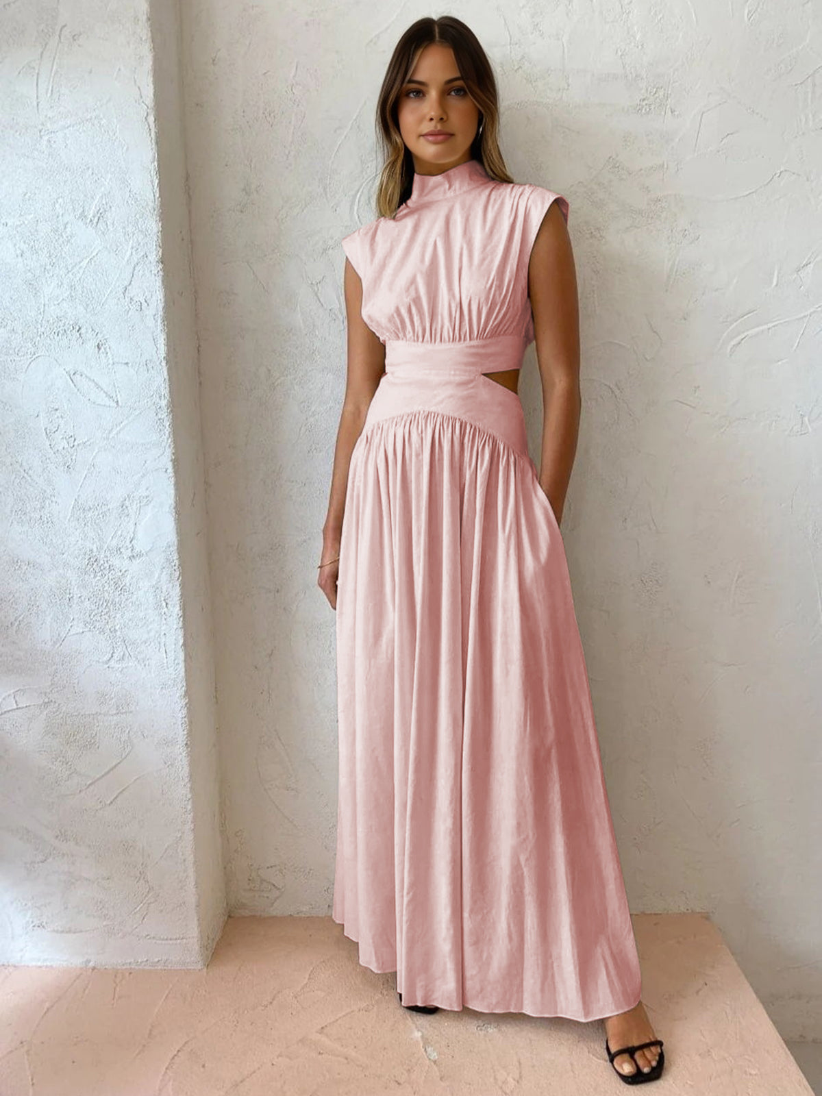 Robe Longue Femme en Coton – Col Haut Sans Manches avec Découpes