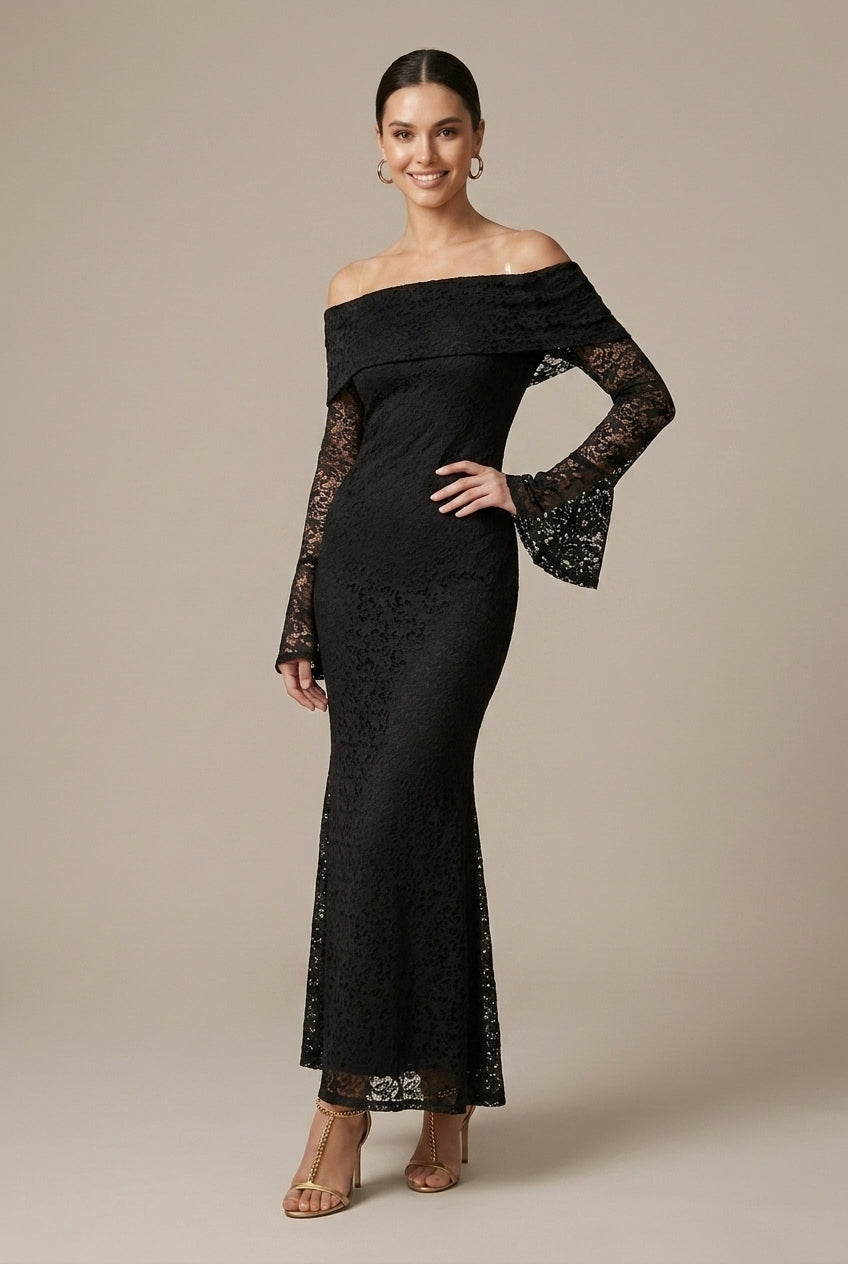 Robe Longue Femme Épaules Dénudées – Sirène Dentelle Contrastée Manches Évasées