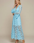 Robe Maxi Femme en Dentelle Guipure – Col V Manches Longues