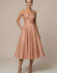 Robe Midi Femme Coupe A-Line – Col V Bretelles Doubles Jupe Évasée