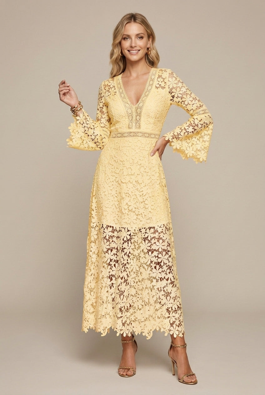 Robe Maxi Femme en Dentelle Guipure – Col V Manches Longues
