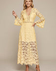 Robe Maxi Femme en Dentelle Guipure – Col V Manches Longues