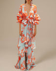 Robe Longue Femme Imprimée – Encolure Cache-Cœur, Manches Volumineuses & Ourlet Volants