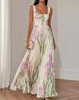 Robe Longue Femme Fleurie – Col Carré Taille Empire Plissée