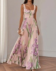 Robe Longue Femme Fleurie – Col Carré Taille Empire Plissée