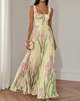 Robe Longue Femme Fleurie – Col Carré Taille Empire Plissée