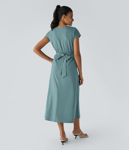 Robe Midi Légère à Col V pour Femme – Taille Élastique Coupe Évasée