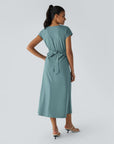 Robe Midi Légère à Col V pour Femme – Taille Élastique Coupe Évasée