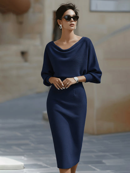 Robe Midi en Maille pour Femme – Manches Chauve-Souris Coupe Ajustée