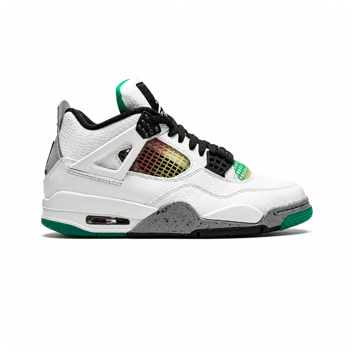 Air Jordan 4 Lucid Green Rasta baskets homme et femme en cuir vert, vue de profil
