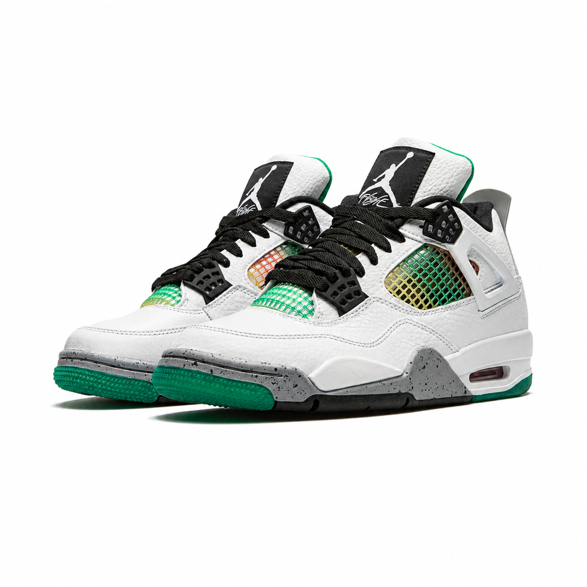 Air Jordan 4 Lucid Green Rasta baskets homme et femme en cuir vert, détail semelle