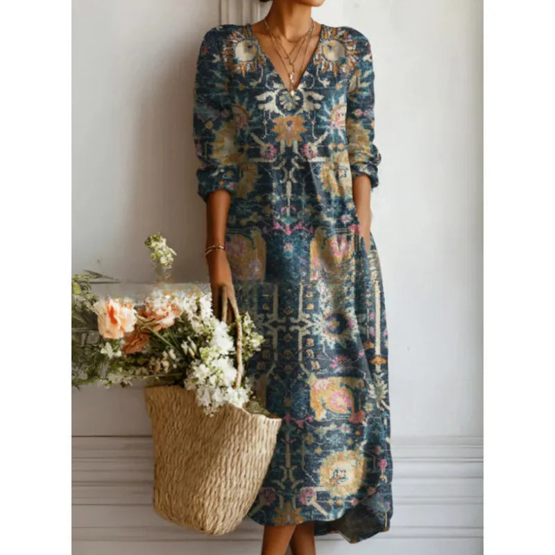 Robe Midi Femme Imprimée – Coupe Fluide et Col en V Bohème