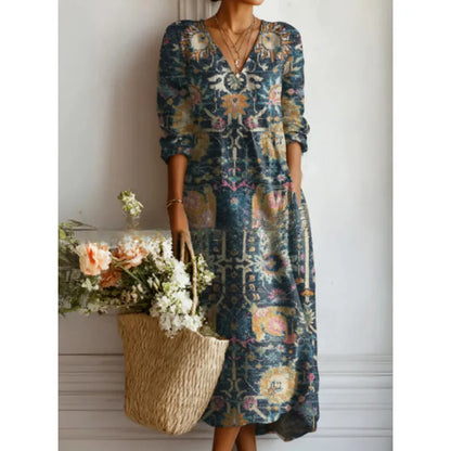 Robe Midi Femme Imprimée – Coupe Fluide et Col en V Bohème
