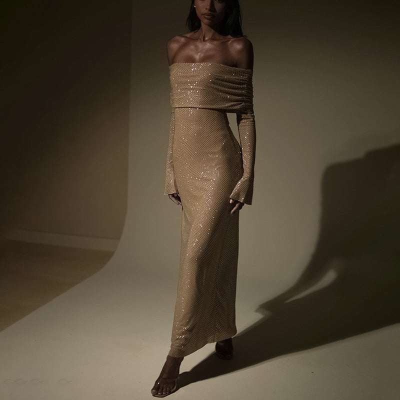 Robe Longue Femme Pailletée – Coupe Moulante Épaules Dénudées