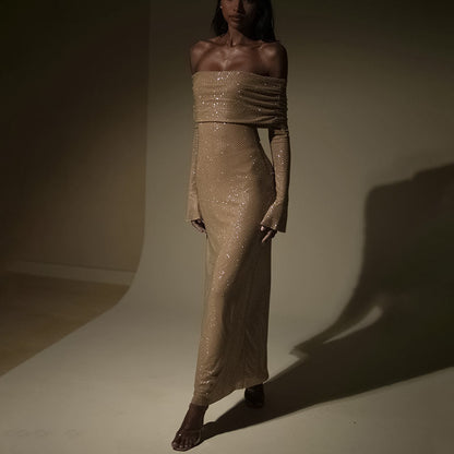 Robe Longue Femme Pailletée – Coupe Moulante Épaules Dénudées