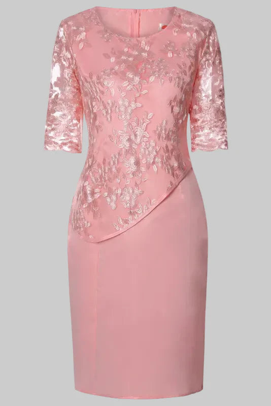 Robe Midi Femme à Broderie Florale – Manches en Dentelle Coupe Droite