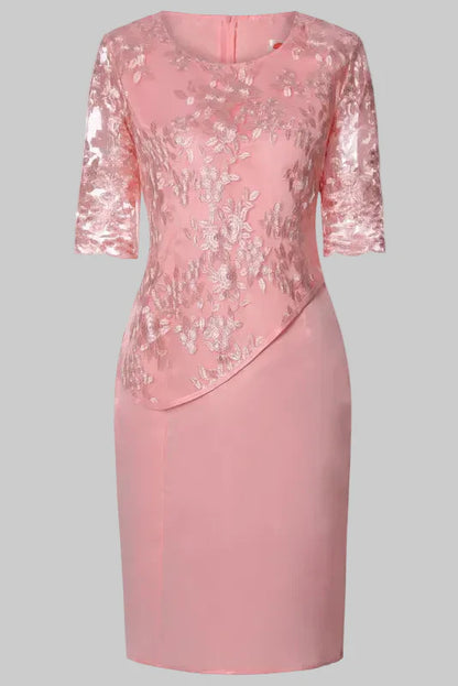 Robe Midi Femme à Broderie Florale – Manches en Dentelle Coupe Droite