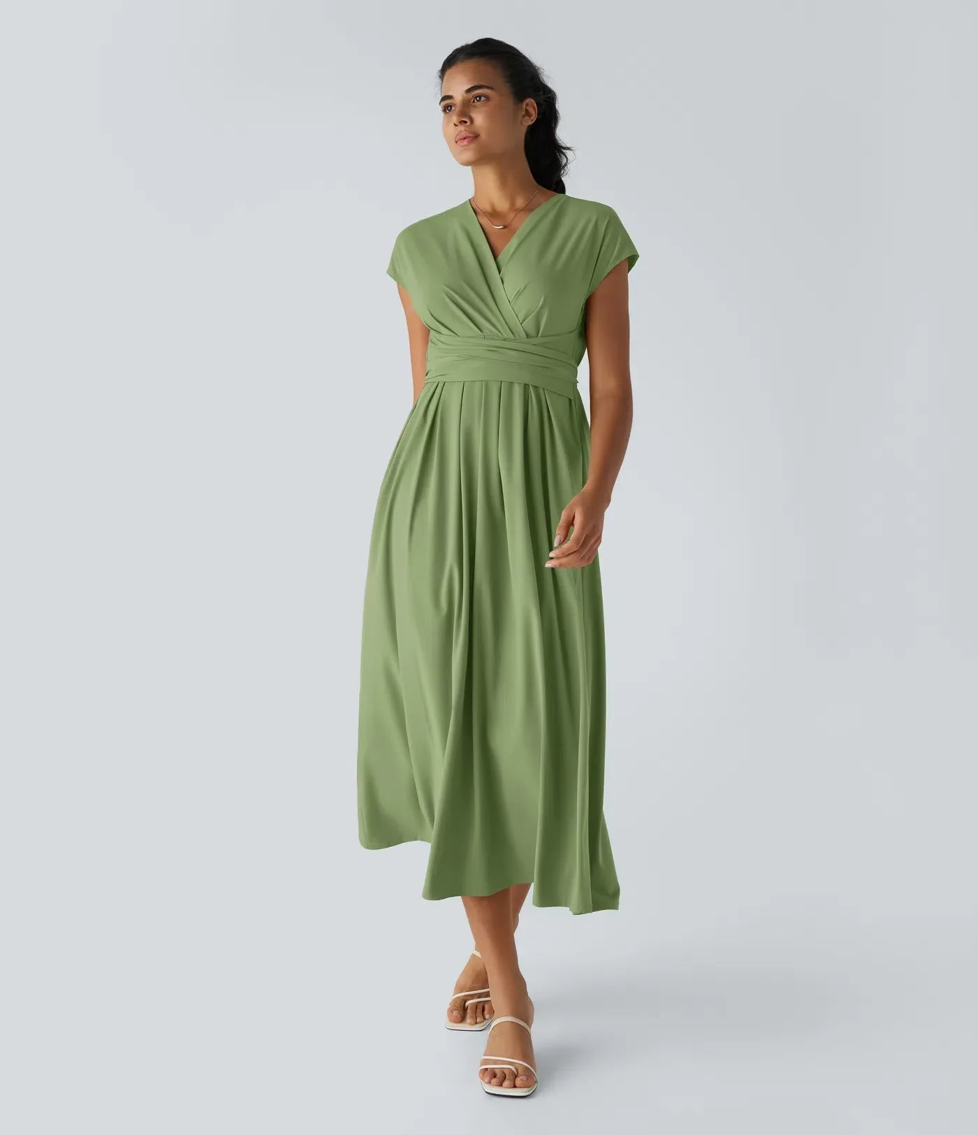 Robe Midi Légère à Col V pour Femme – Taille Élastique Coupe Évasée