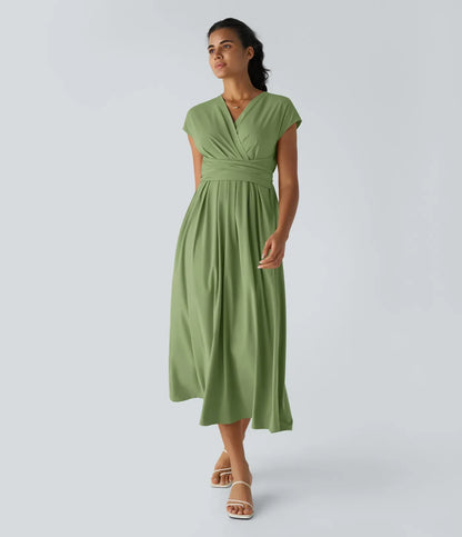 Robe Midi Légère à Col V pour Femme – Taille Élastique Coupe Évasée