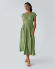 Robe Midi Légère à Col V pour Femme – Taille Élastique Coupe Évasée