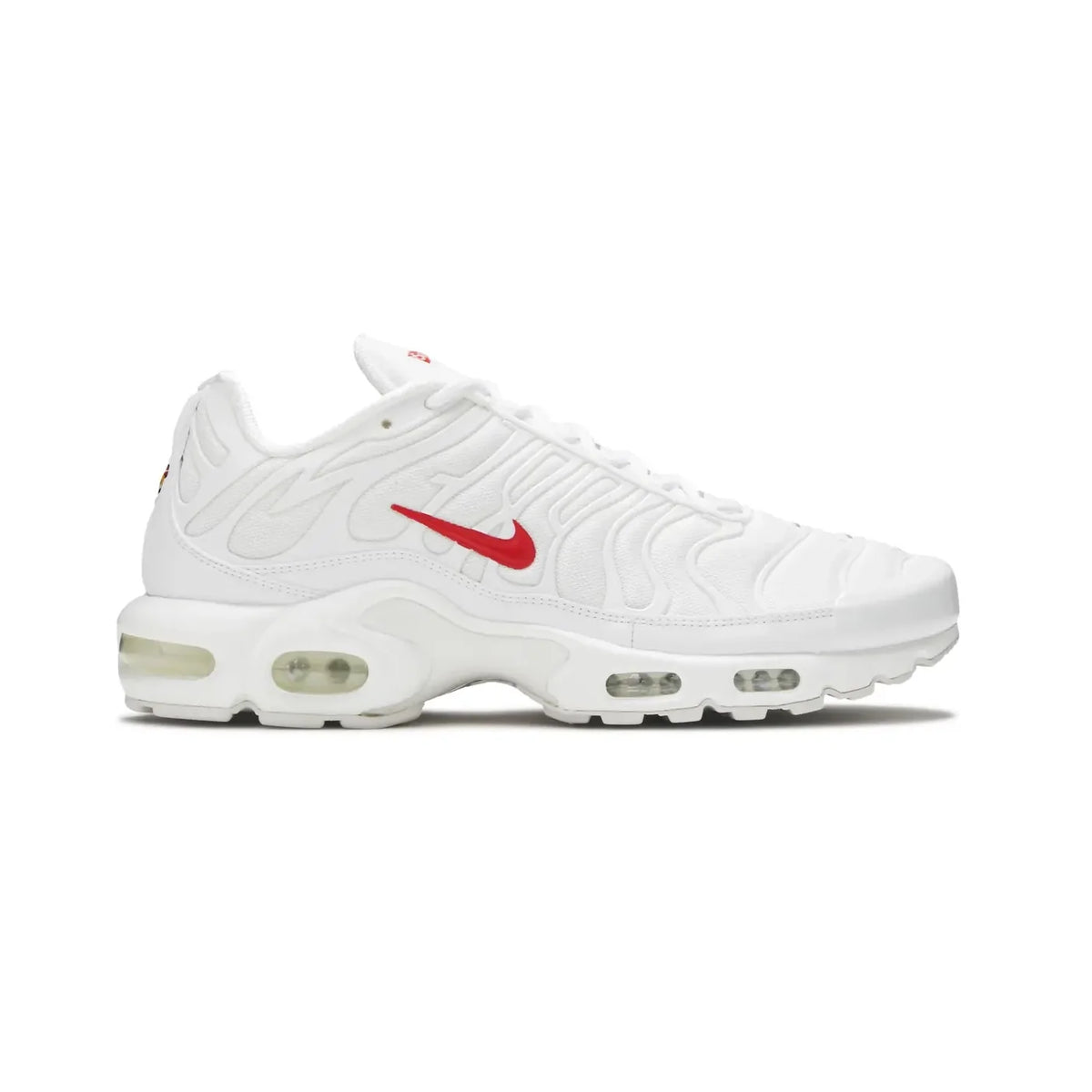 Nike Air Max Plus TN x Supreme White Speed Red baskets homme et femme en mesh et TPU blanc rouge, vue de profil