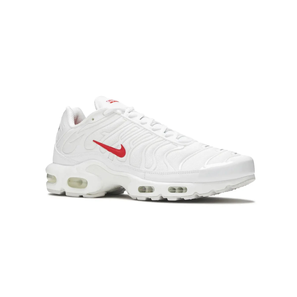 Nike Air Max Plus TN x Supreme White Speed Red baskets homme et femme en mesh et TPU blanc rouge, vue de face