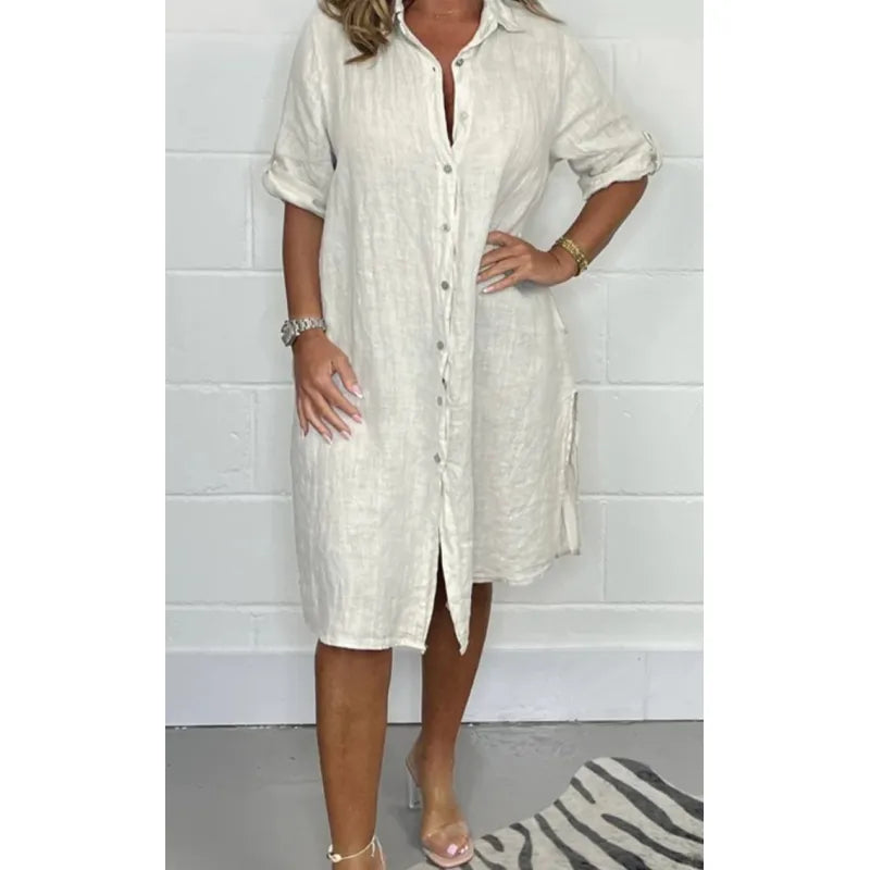 Robe Midi Femme en Coton-Lin – Coupe Décontractée Boutonnée