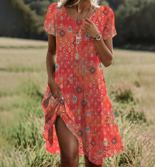 Robe Midi Femme en tissu léger, col rond, coupe confortable – Menvelo