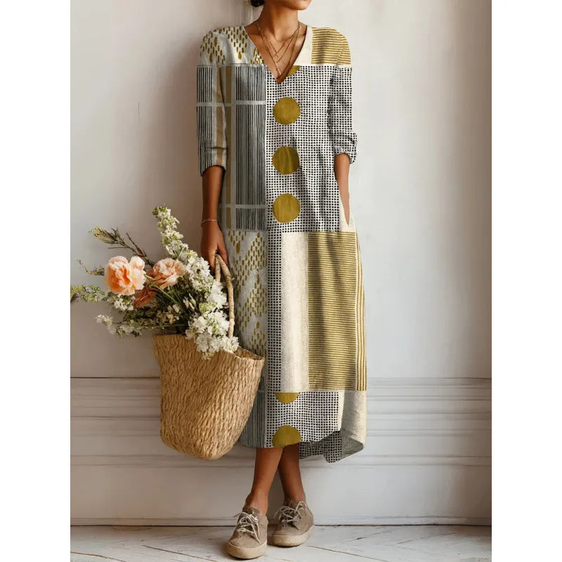 Robe Midi Femme Imprimée – Coupe Fluide et Col en V Bohème