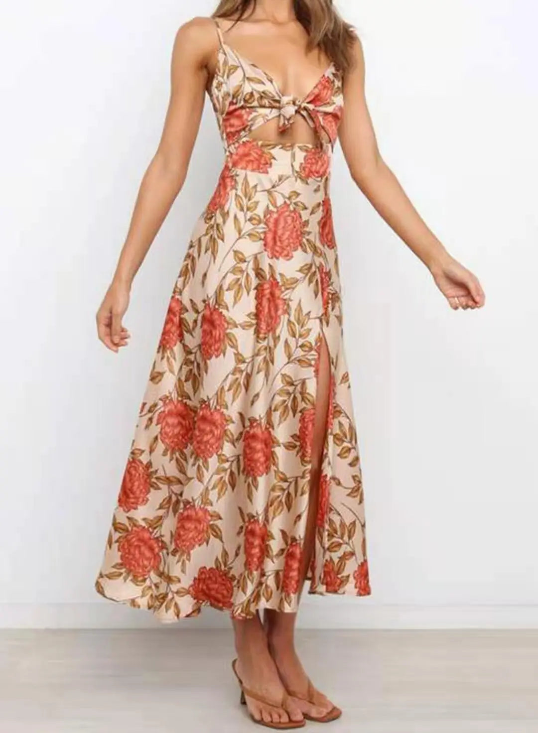 Robe Midi Femme Fleurie – Col V, Nœud Frontal et Bretelles Réglables