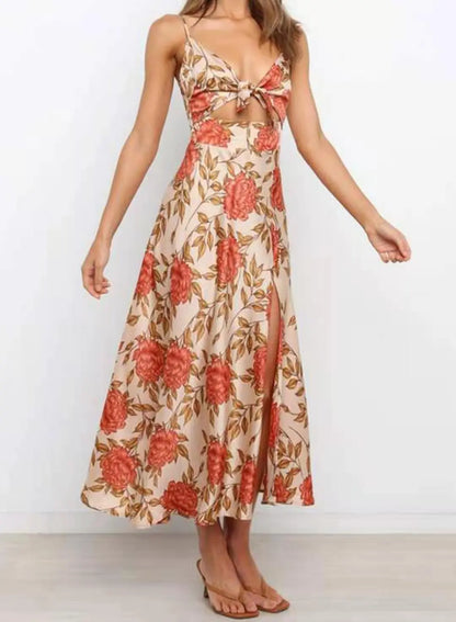 Robe Midi Femme Fleurie – Col V, Nœud Frontal et Bretelles Réglables