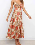 Robe Midi Femme Fleurie – Col V, Nœud Frontal et Bretelles Réglables