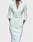 Robe midi ajustée femme en tissu stretch – ceinture col V manches longues
