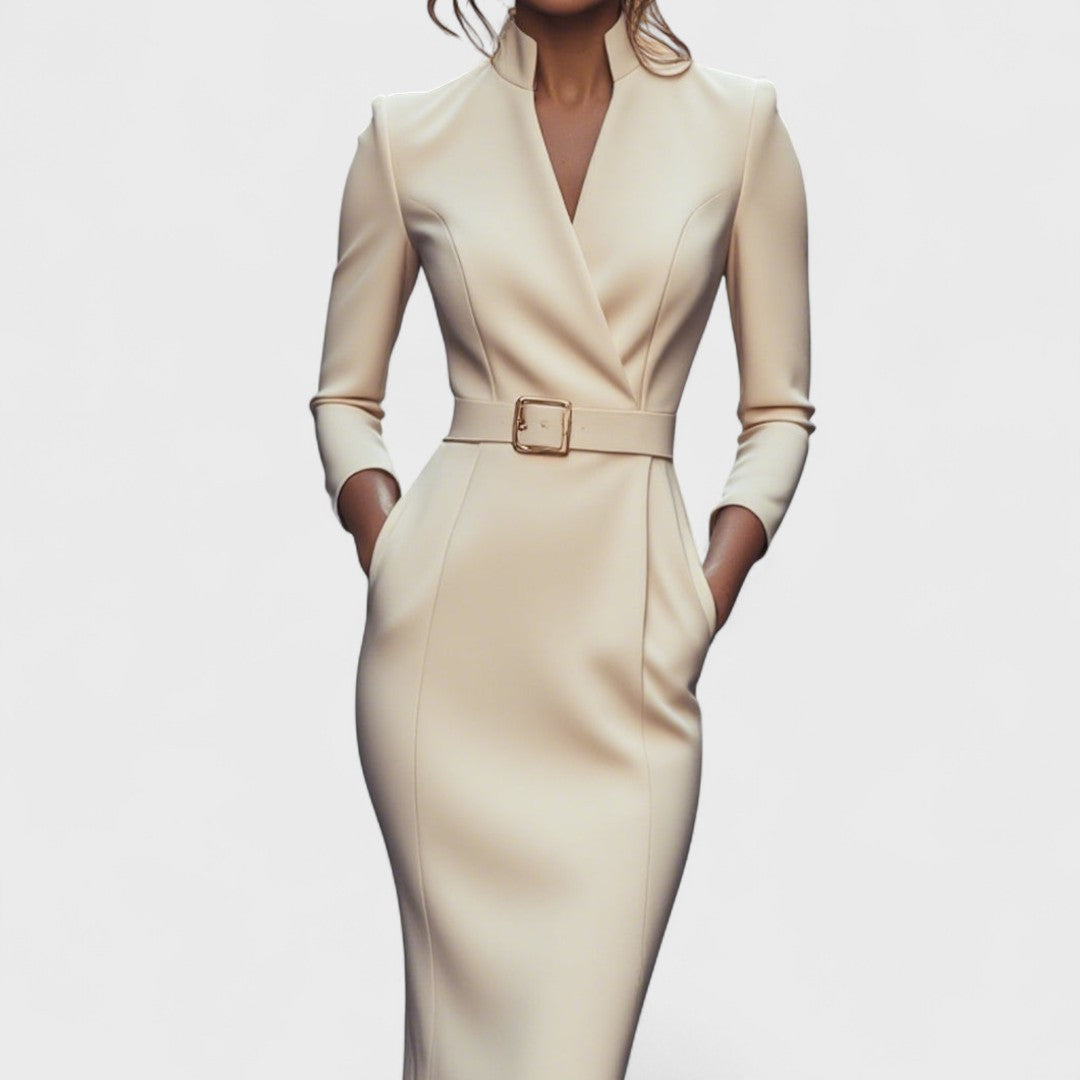 Robe midi ajustée femme en tissu stretch – ceinture col V manches longues