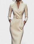 Robe midi ajustée femme en tissu stretch – ceinture col V manches longues