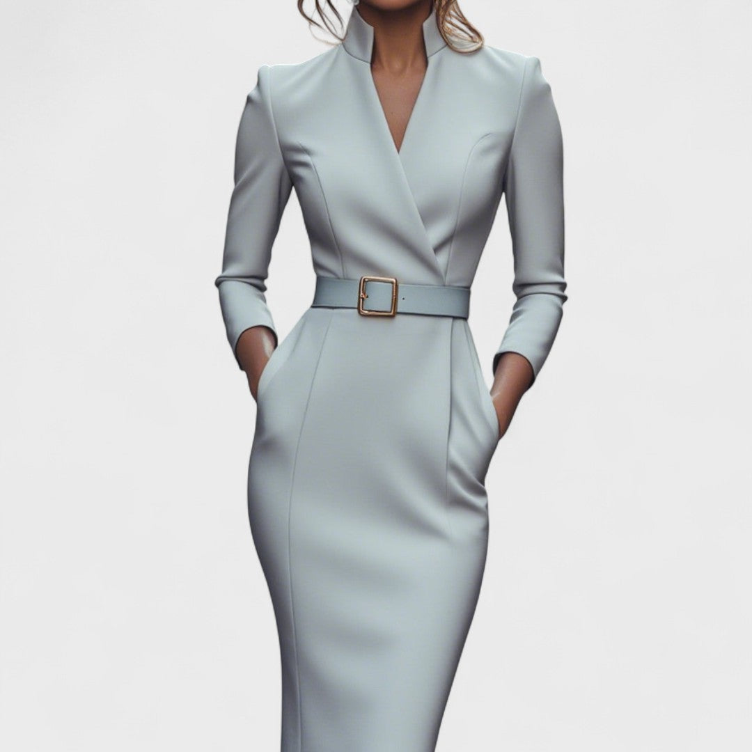 Robe midi ajustée femme en tissu stretch – ceinture col V manches longues