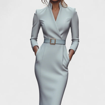 Robe midi ajustée femme en tissu stretch – ceinture col V manches longues