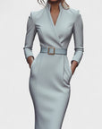 Robe midi ajustée femme en tissu stretch – ceinture col V manches longues