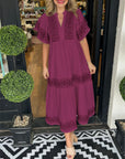 Robe Midi Bohème Femme en Coton – Col V Détails Brodés