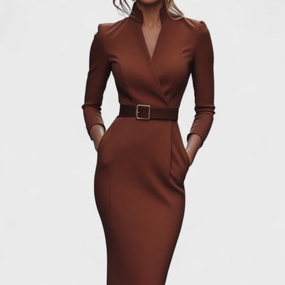 Robe midi ajustée femme en tissu stretch – ceinture col V manches longues