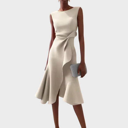Robe Midi Structurée Sans Manches pour Femme – Col Rond Ourlet Évasé Ajusté