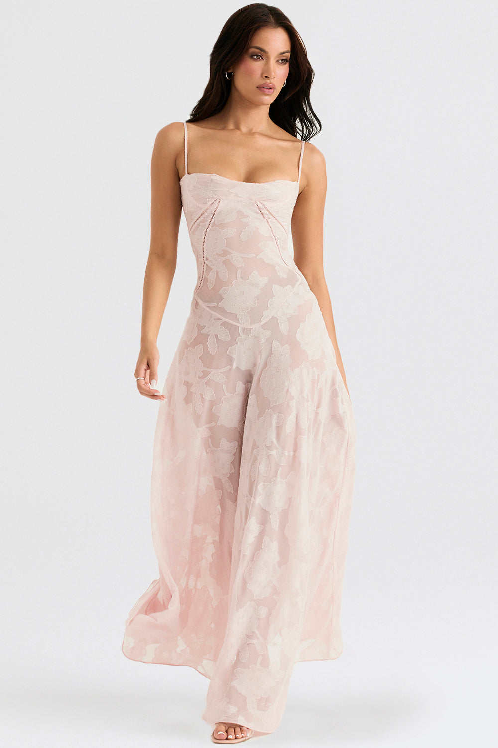 Robe longue à fines bretelles femme – coupe ajustée ourlet évasé