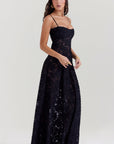 Robe longue à fines bretelles femme – coupe ajustée ourlet évasé