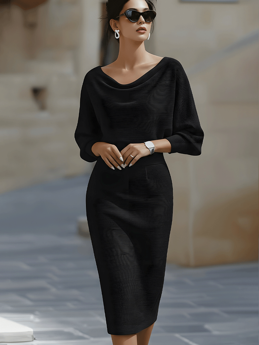 Robe Midi en Maille pour Femme – Manches Chauve-Souris Coupe Ajustée