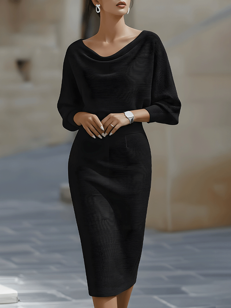 Robe Midi en Maille pour Femme – Manches Chauve-Souris Coupe Ajustée