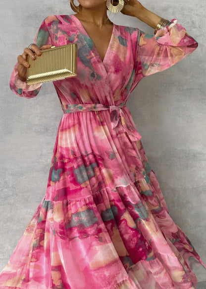 Robe Longue Femme en Mousseline – Imprimé Floral, Manches Longues et Jupe à Volants